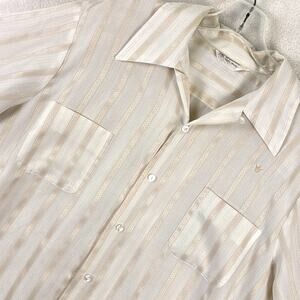 VTG Mr California Camp Shirt Men XL White Rose Gold Stripe Loop Collar Sheer 70s